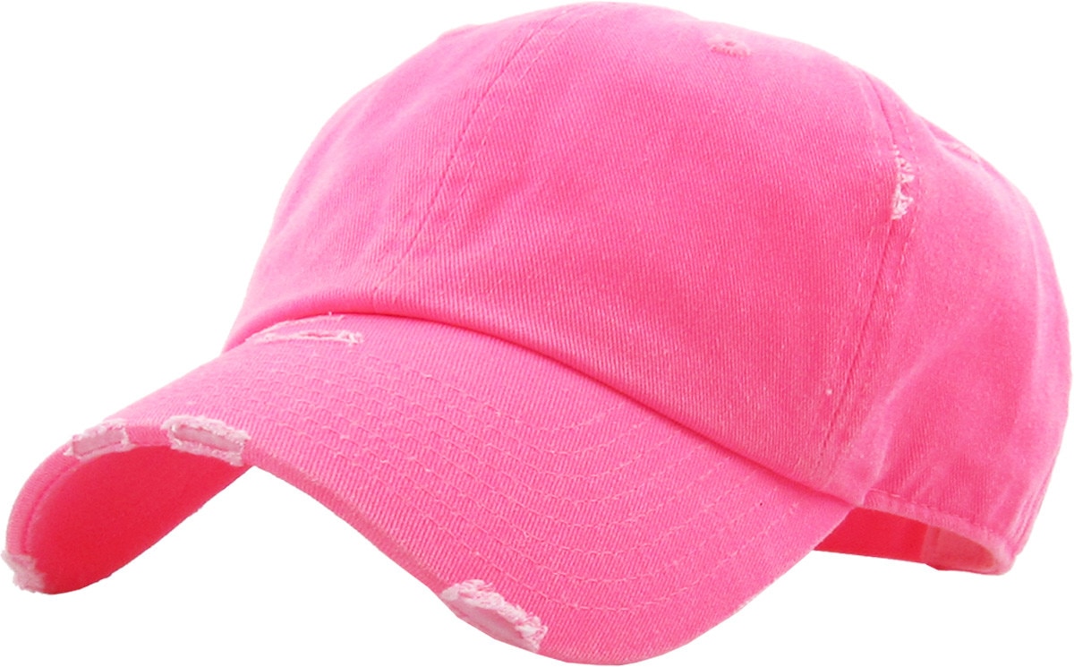Neon Pink Distressed Vintage Baseball Cap Front Side View